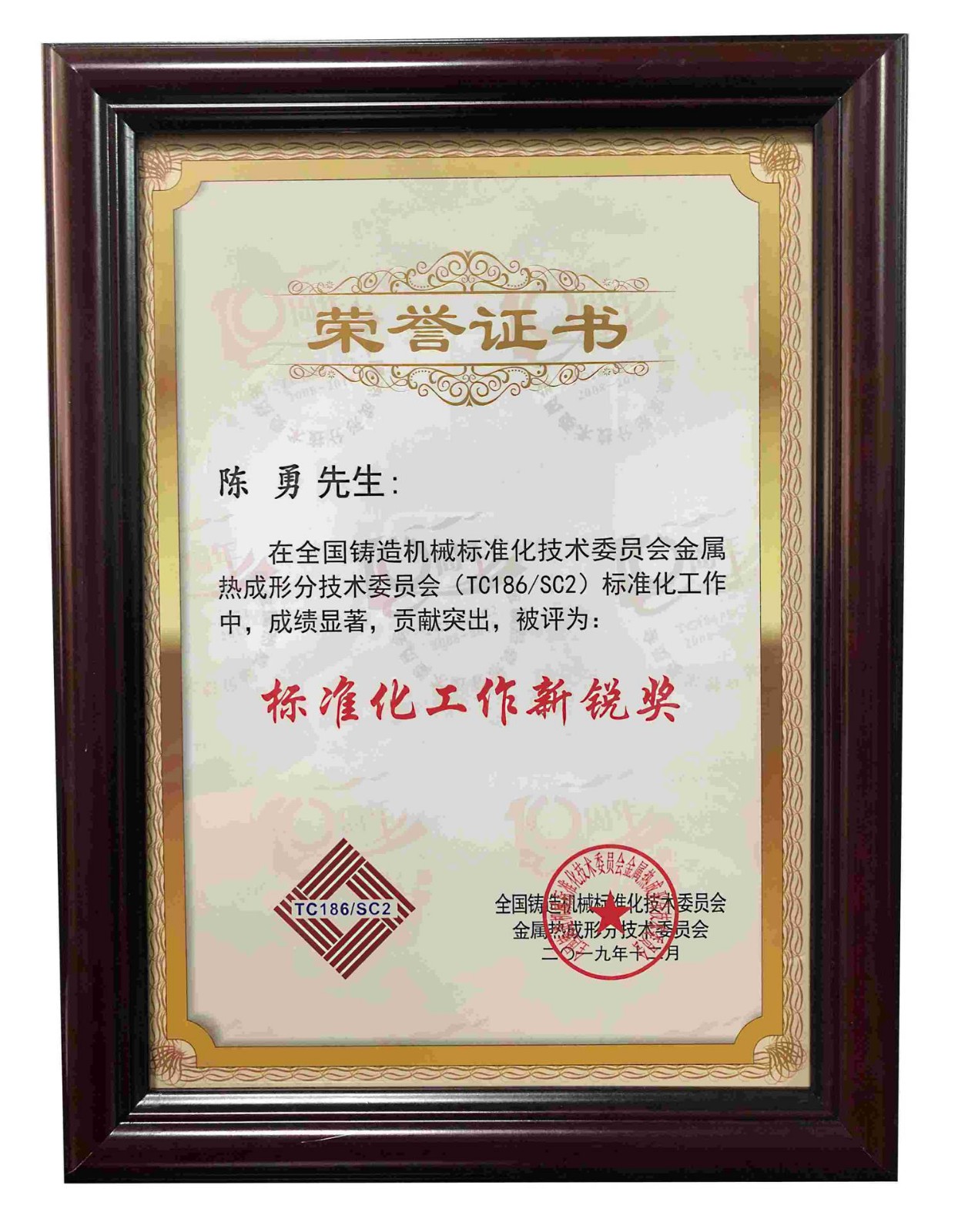 全國鑄造機(jī)械標(biāo)準(zhǔn)化技術(shù)委員會(huì)技術(shù)熱成形技術(shù)委員會(huì)頒發(fā)標(biāo)準(zhǔn)化工作新銳獎(jiǎng)